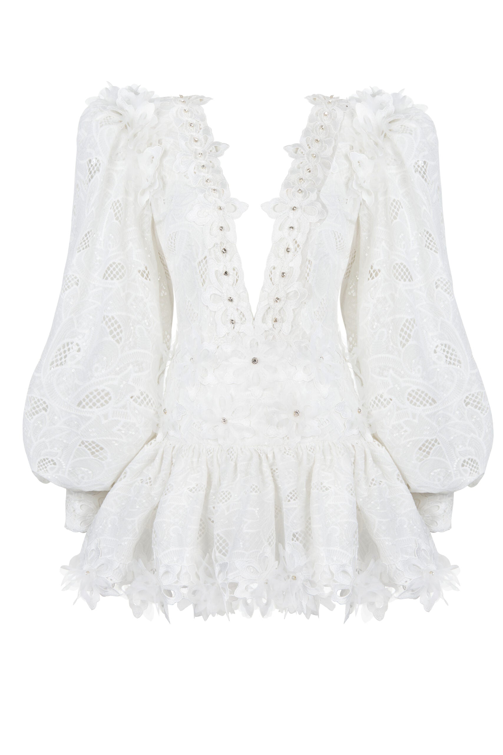 Embellished Floral Lace Puff Sleeved Mini Dress White / 40 FR Embellished Floral Lace Puff Sleeved Mini Dress White / 40 FR